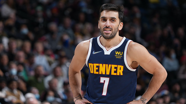 Facundo Campazzo #7 of the Denver Nuggets smiles during game.