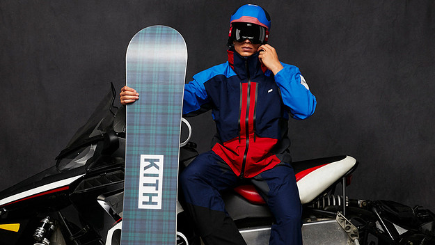 A model is seen wearing Kith and Adidas items.