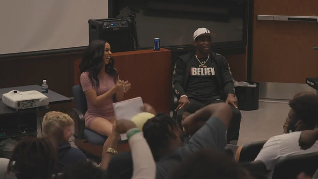 Brittany Renner and Deion Sanders of the Jackson State Tigers