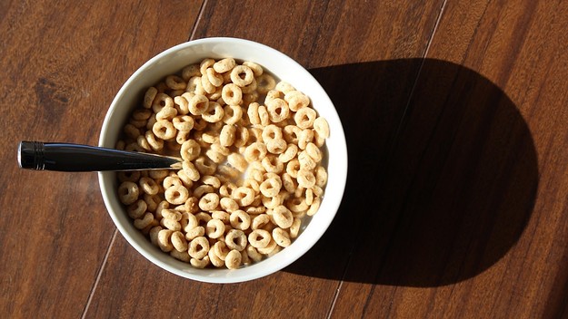 A photograph of a bowl of cereal