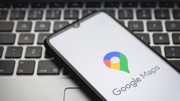 Photo of Google Maps logo on a smartphone.