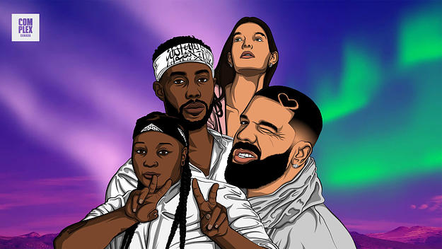 Drake, Mustafa, Dijah SB, and Charlotte Cardin in an illustration