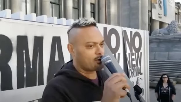 Mak Parhar, covid19 denier, speaking at Vancouver antimask rally in 2020.