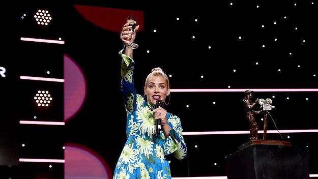 Busy Philipps speaks onstage during the Will Rogers 78th Annual Pioneer Dinner