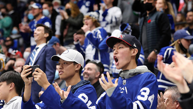 November 12 In overtime the fans celebrate. The Toronto Maple Leafs beat the Calgary Flames 2-1 in overtime in NHL hockey action at the Scotiabank Arena in Toronto