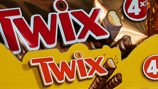 Twix bars on a store shelf.