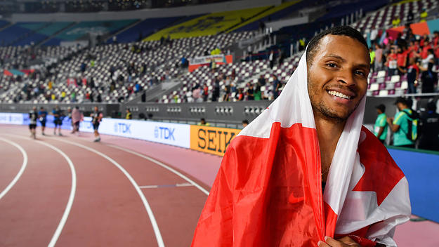 Canada's Andre De Grasse celebrates taking silver in the Men's 200m final at the 2019 IAAF Athletics World Championships at the Khalifa International stadium in Doha on October 1, 2019.