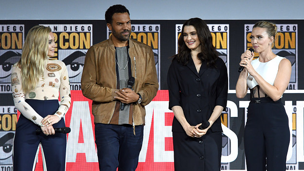 Florence Pugh, O. T. Fagbenle, Rachel Weisz and Scarlett Johanssonn speak at the Marvel Studios Panel.