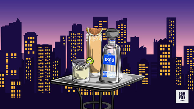 Illustration of 1800 Tequila Silver alongside margarita and paloma cocktails against a night city skyline