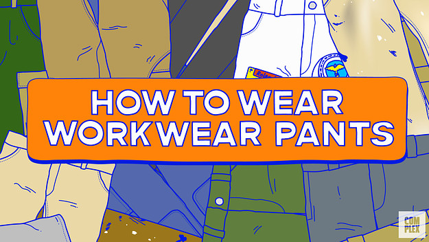 Illustrated graphic of various workwear pants in different colors with the text "HOW TO WEAR WORKWEAR PANTS" in bold on an orange rectangle.