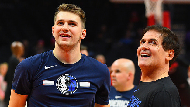 Dallas Mavericks Guard Luka Doncic (77) looks on with owner Mark Cuban