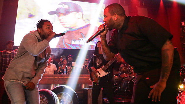 Kendrick Lamar and The Game on stage at "The Documentary" 10th anniversary party