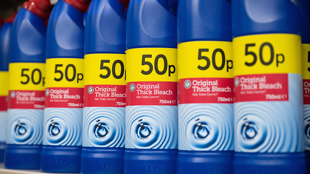 Bottles of bleach on sale in a supermarket