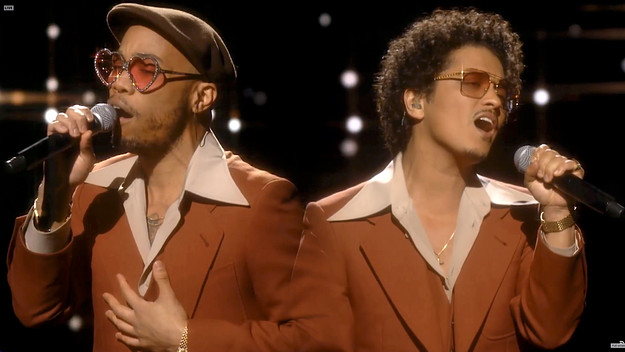 Anderson .Paak and Bruno Mars of music group Silk Sonic perform onstage