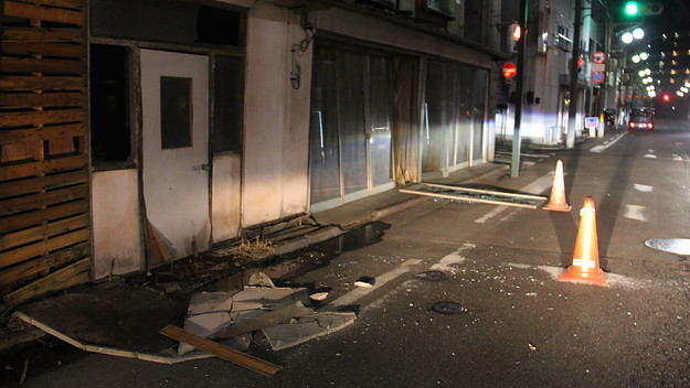 Damaged buildings are seen in Fukushima