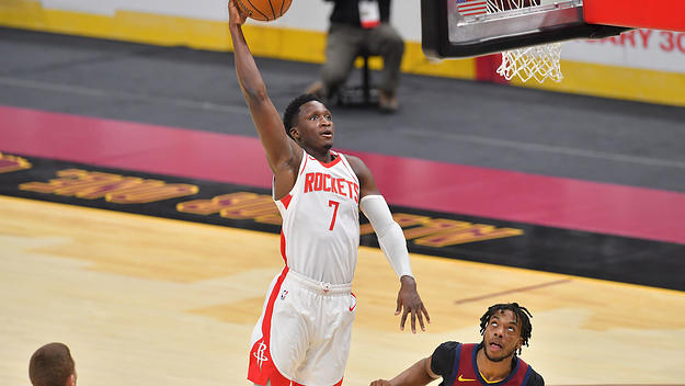 Victor Oladipo performs a dunk for the Houston Rockets