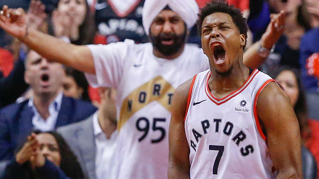 Kyle Lowry screams at game in Toronto's Scotiabank Arena while Superfan Nav Bhatia cheers on