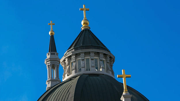 Religious crosses adorn the roof of the downtown Cathedral