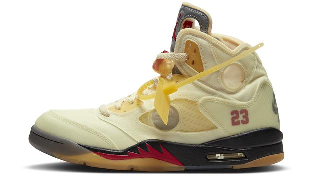 Off White x Air Jordan 5 'Sail/Fire Red/Muslin/Black' (Lateral)