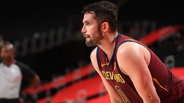 Kevin Love #0 of the Cleveland Cavaliers looks on