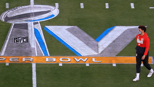 Patrick Mahomes near Super Bowl LV logo
