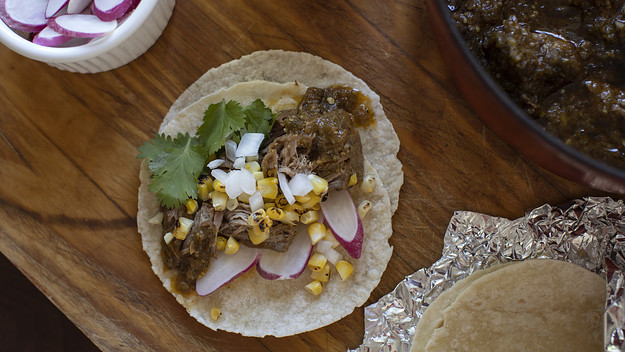 Tacos made with chile verde braised pork