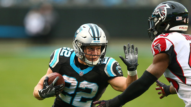 Christian McCaffrey Stiff Arm Panther Falcons 2018
