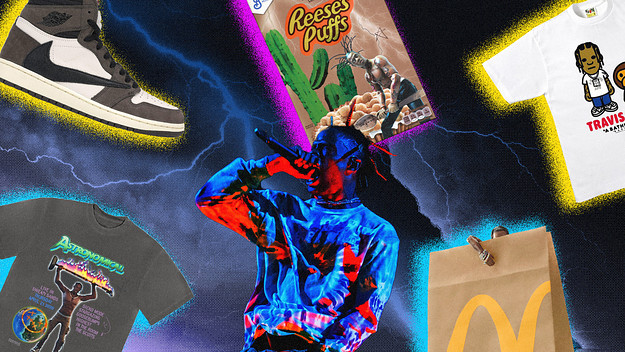 A collage featuring Travis Scott performing, with items like Nike sneakers, Reese's Puffs cereal, McDonald's bag, and Astroworld merchandise.