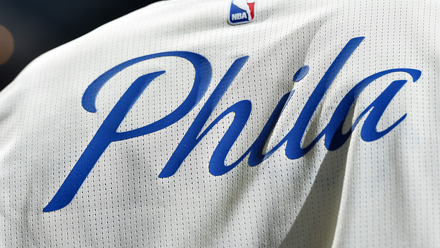 General view of the Philadelphia 76ers logo during the game against Bucks.