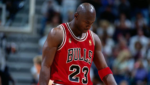 Michael Jordan walks off the court during Game Five of the 1997 NBA Finals.