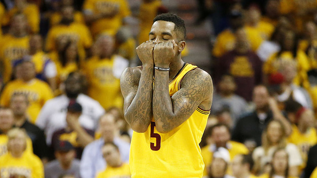 J.R. Smith reacts in the second quarter against the Atlanta Hawks.