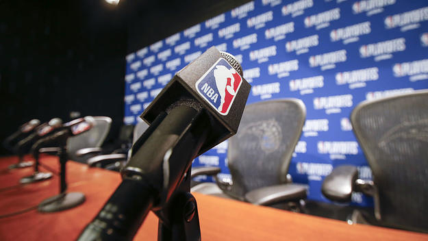 NBA microphones lined up during the 2019 Finals.