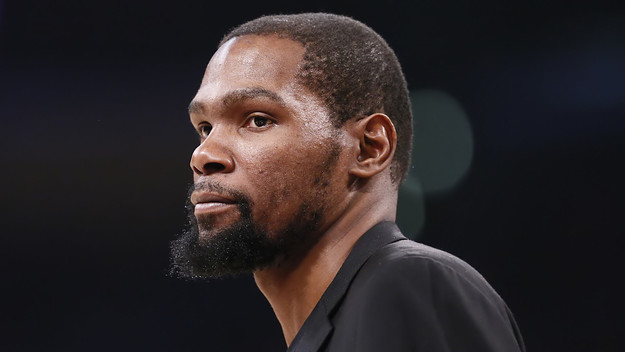 Kevin Durant looks on during a game at the Staples Center