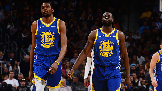 Kevin Durant #35 and Draymond Green #23 of the Golden State Warriors
