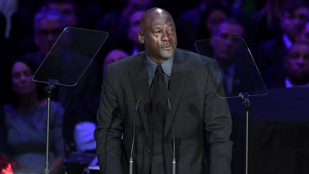 Michael Jordan tears up at the memorial for Kobe Bryant.