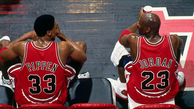 Scottie Pippen Michael Jordan 1998 Getty Bench Overhead