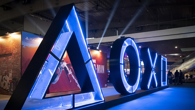 Symbols of the PlayStation keyboard is seen during The Salon, Barcelona Games World fair.