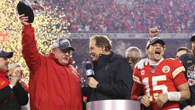 The Kansas City Chiefs celebrate after winning the AFC Championship.