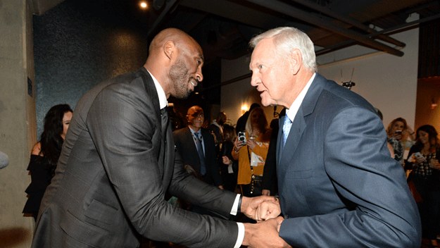Jerry West and Kobe Bryant greet before a game between the Warriors and Lakers.
