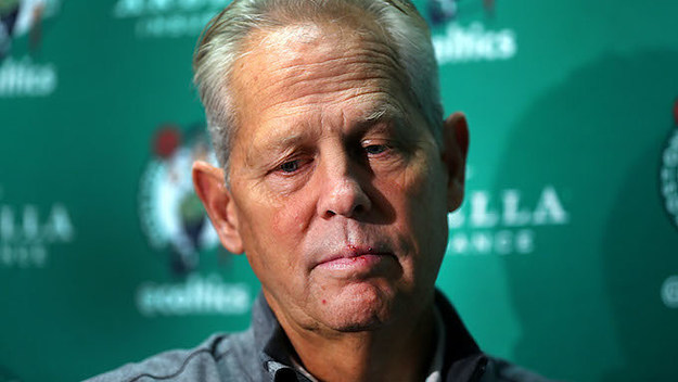 Danny Ainge listens to a reporter's question during an open practice at TD Garden.