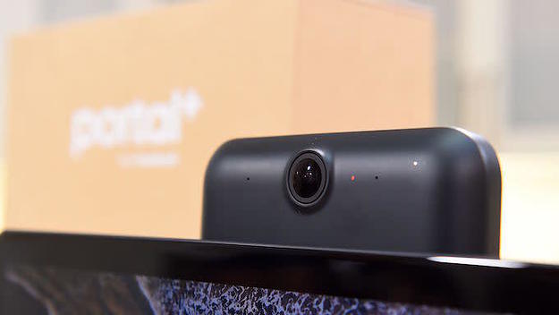 The camera of a Facebook Portal+ product is seen on display.