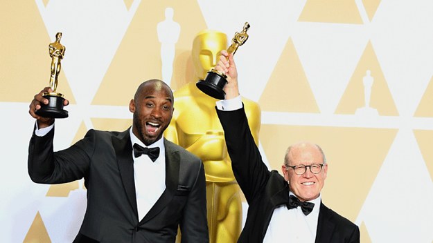 Kobe Bryant and Glen Keane, winners of the Animated Short award for 'Dear Basketball.'