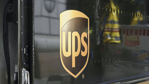 A UPS (United Parcel Service) truck sits on a street in Washington, DC.