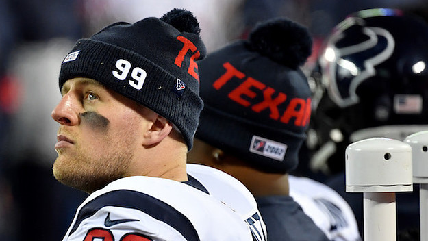 J.J. Watt looks on from the sidelines in the fourth quarter of the AFC Divisional playoff game.