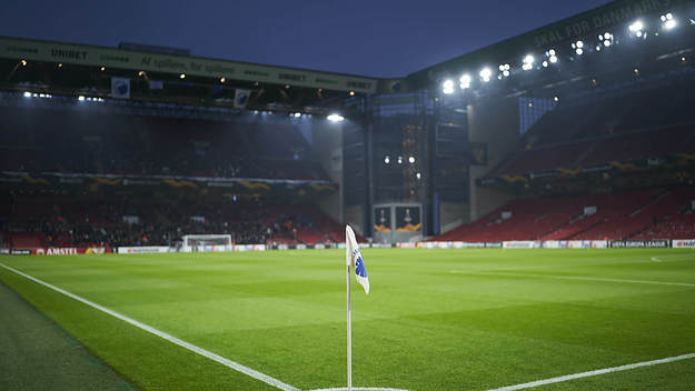 View of the new pitch and the new LED floodlights prior to the Danish 3F Superliga match.