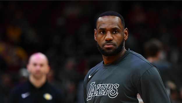 LeBron James #23 of the Los Angeles Lakers participates in warmups