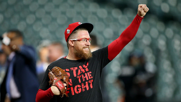 Sean Doolittle #63 of the Washington Nationals warms up during batting practice