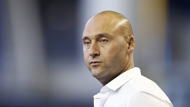 Derek Jeter looks on during batting practice prior to Marlins' game against the Mets.