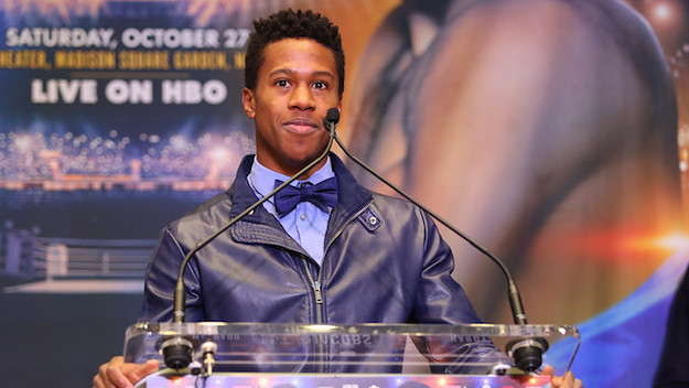 Patrick Day addresses members of the media at the Jacobs vs Derevyanchenko press conference.