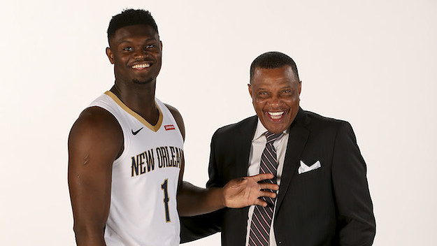 Alvin Gentry and Zion Williamson pose for a portrait.